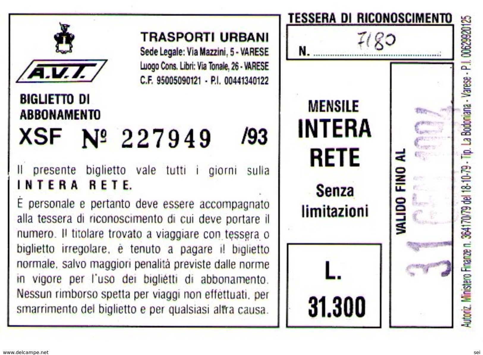 B 1579 -  Varese Trasporti Urbani Biglietto Di Abbonamento AVT Mensile - Europa