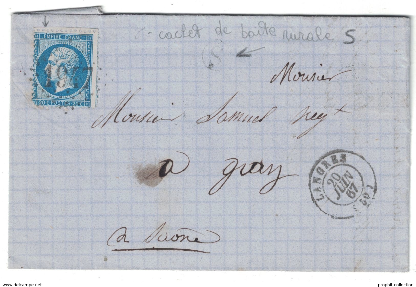 1867 - CACHET De BOITE RURALE LOCALISÉE (ST VALLIER) Sur LETTRE LAC CAD LANGRES (HAUTE MARNE) Pour GRAY GC 1947 - 1849-1876: Klassieke Periode