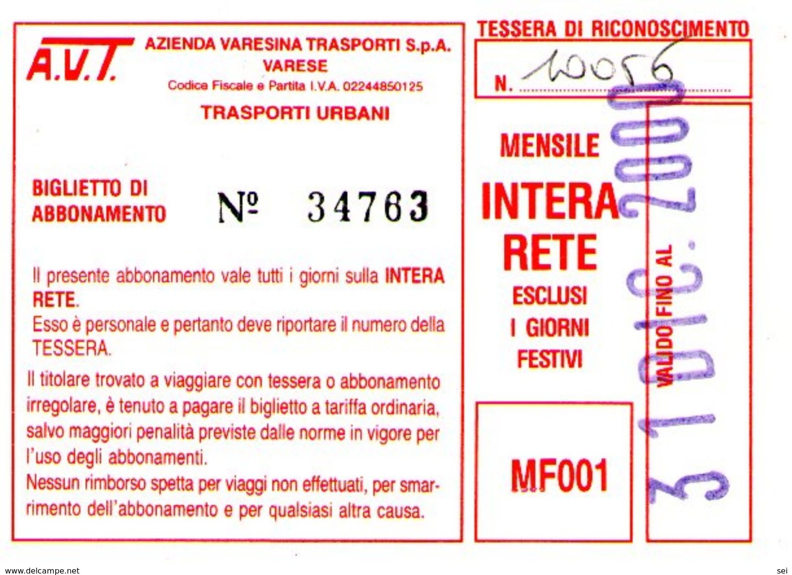 B 1584 -  Varese Trasporti Urbani Biglietto Di Abbonamento AVT Mensile - Europe