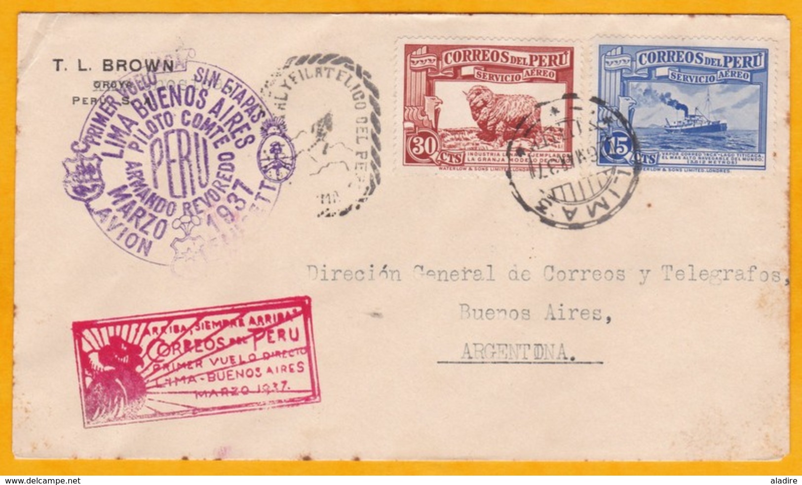 1937 - Enveloppe PAR AVION De Lima, Pérou Vers Buenos Aires Par 1er Vol Direct - Peru