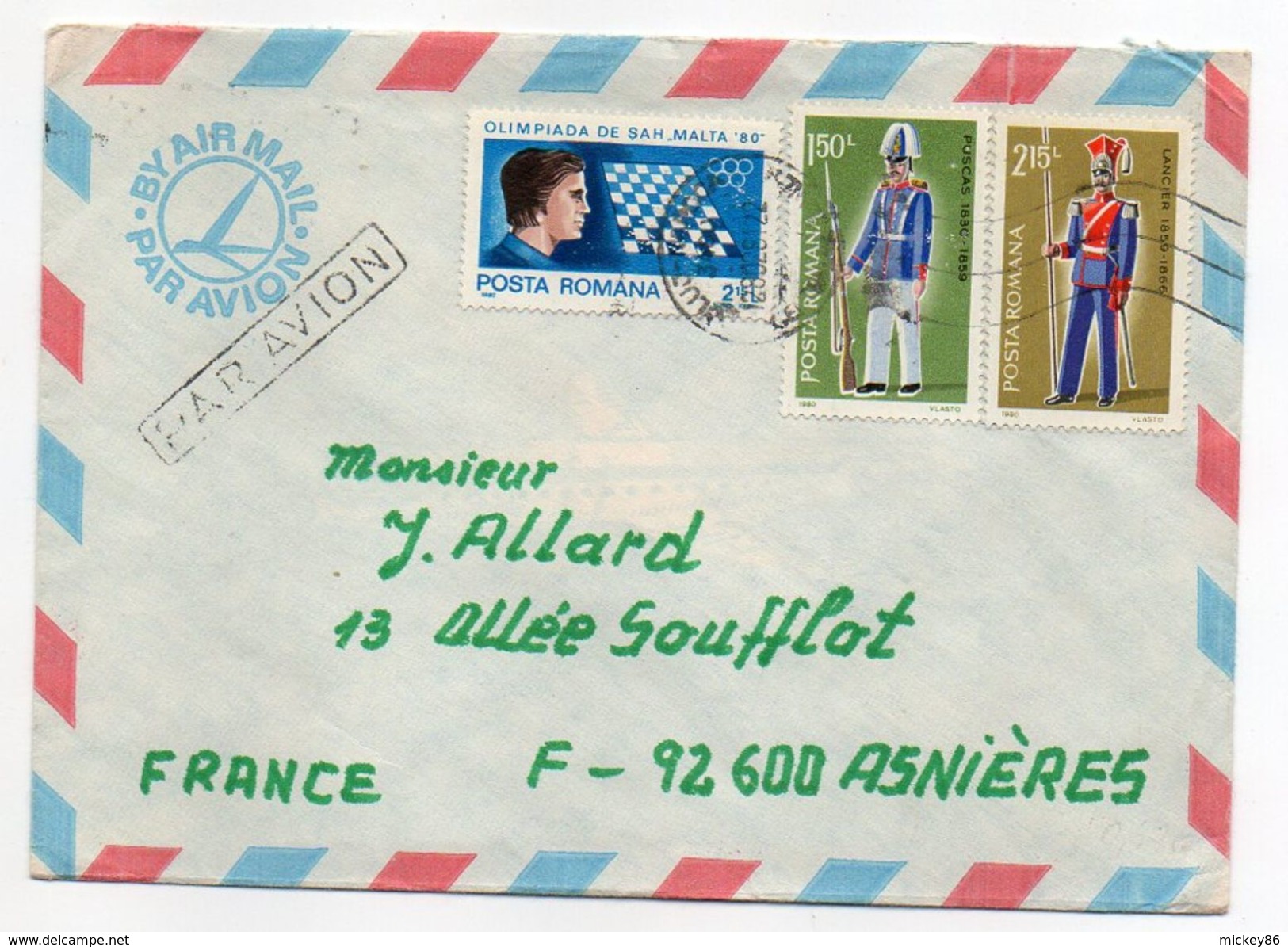 Roumanie--1981--Lettre De CLUJ-NAPOCA  Pour ASNIERES-92 (France)--Composition De Timbres (soldats-échecs)--cachets - Covers & Documents