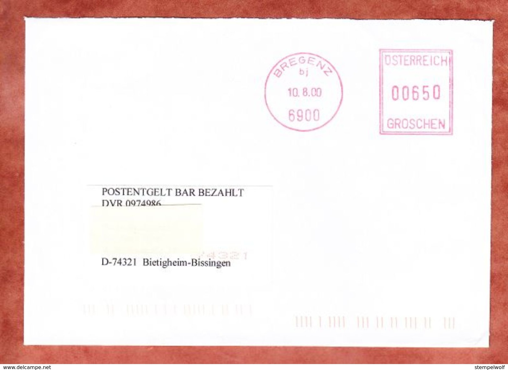 Brief, Postentgelt Bar Bezahlt, Postfreistempel Bregenz, Postleitzahl Im Postcode 2000 (41902) - Maschinenstempel (EMA)