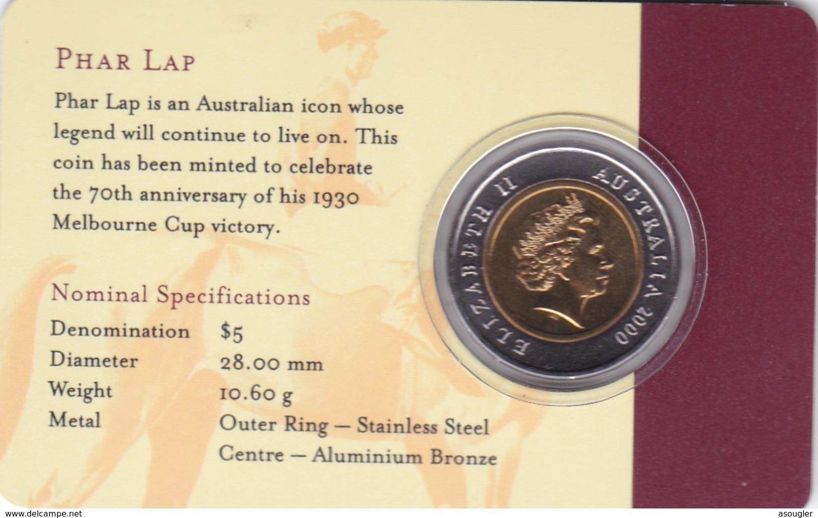 AUSTRALIA 5 DOLLARS 2000 UNC COIN CARD "PHAR LAP 1930-2000" (free Shipping Via Registered Air Mail) - 5 Dollars