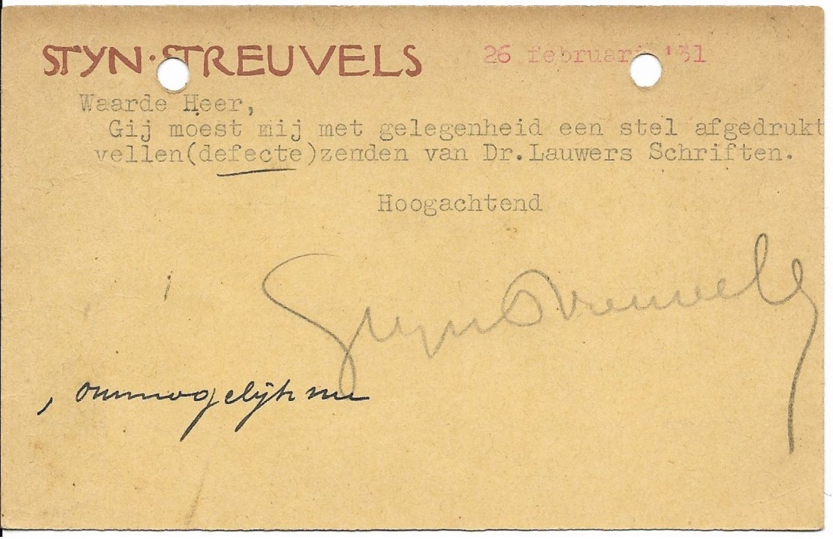 Briefkaart Van 1931 Van STIJN STREUVELS Met Het Lijsternest; Met Archiefgaten - Historische Documenten