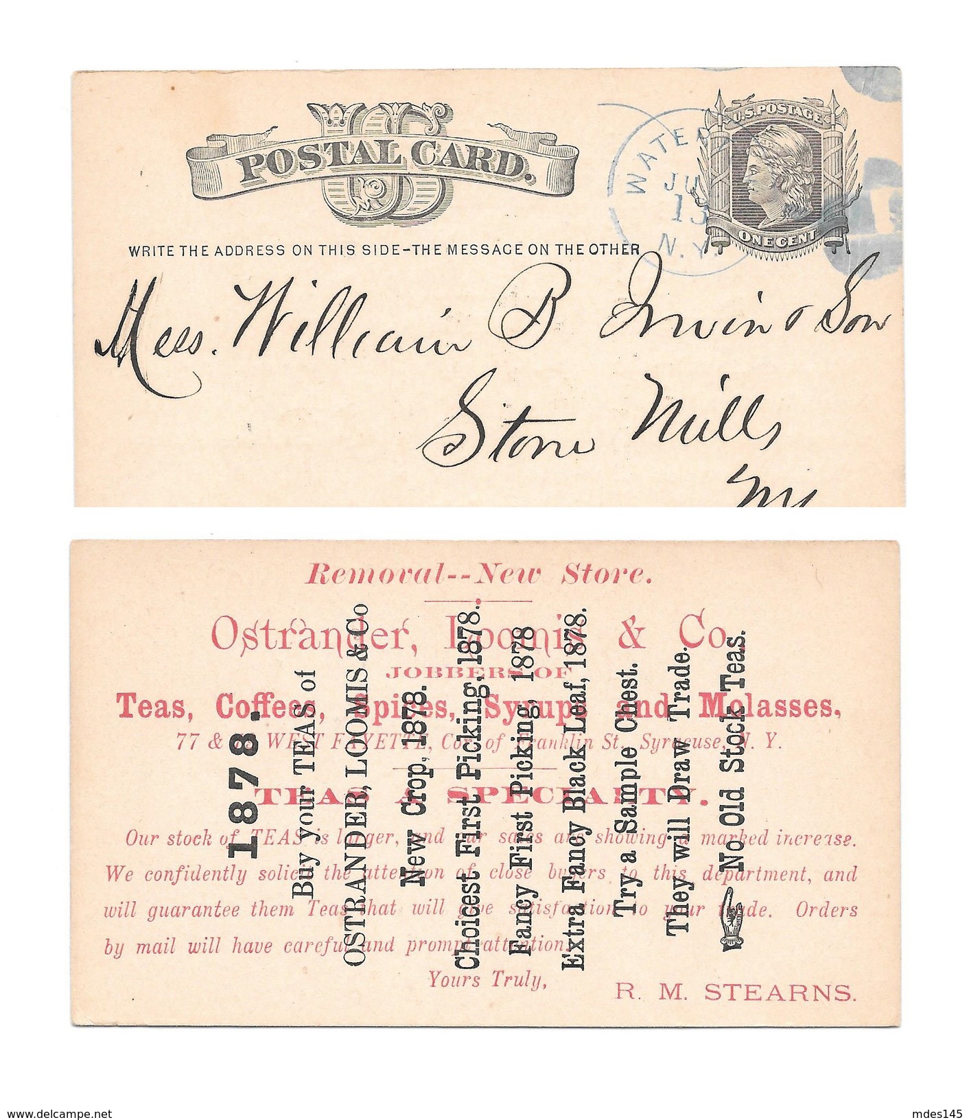 UX5 Postal Card 1878 Blue Watertown NY Fancy Cancel Advert Ostrander Loomis Co Teas - Postal History