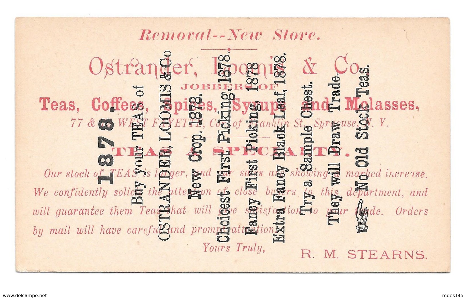 UX5 Postal Card 1878 Blue Watertown NY Fancy Cancel Advert Ostrander Loomis Co Teas - Postal History