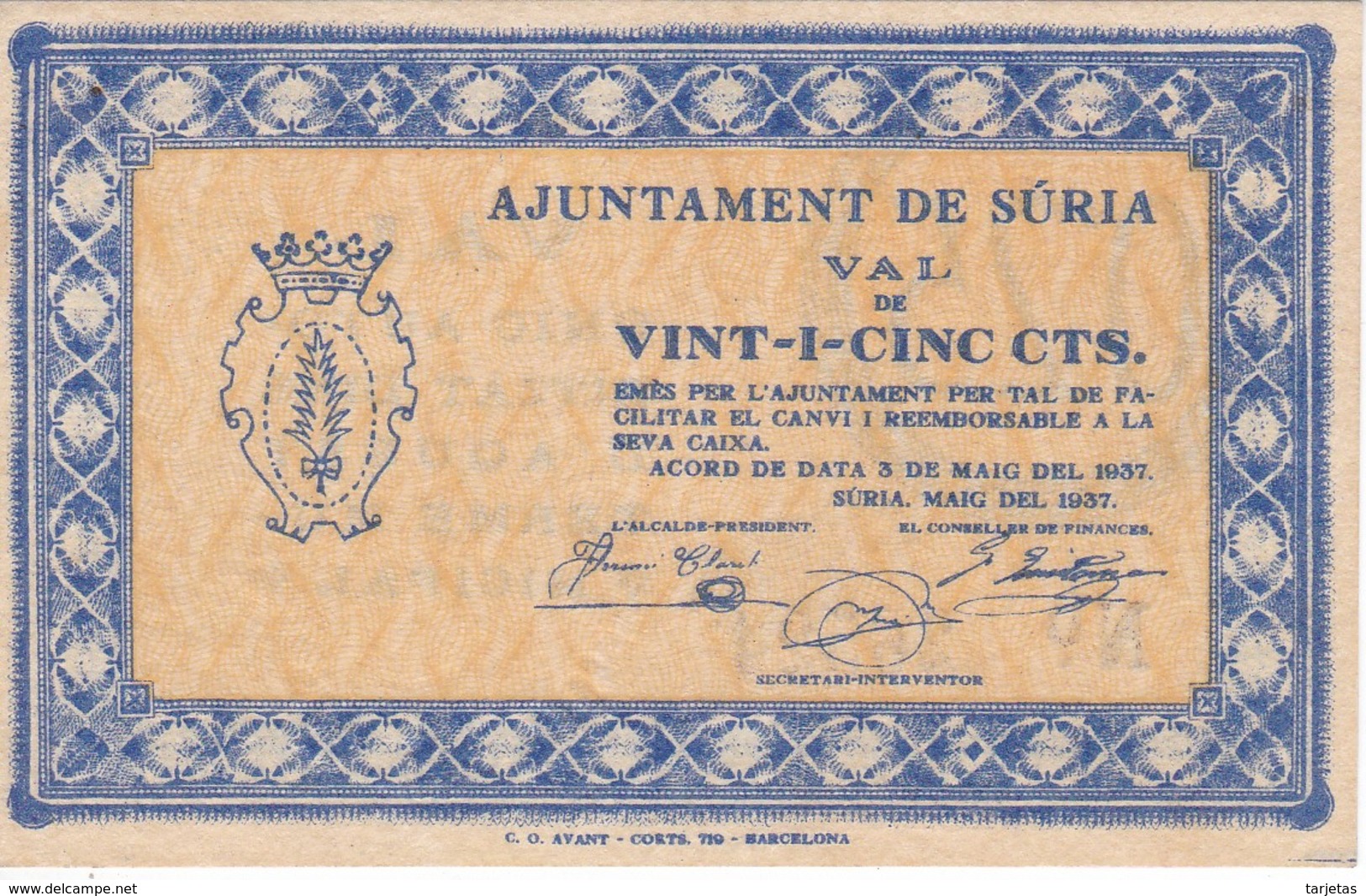 BILLETE DE 25 CENTIMOS DEL AJUNTAMENT DE SURIA DEL AÑO 1937 (SELLO SECO) SIN CIRCULAR    (BANKNOTE) - Other & Unclassified