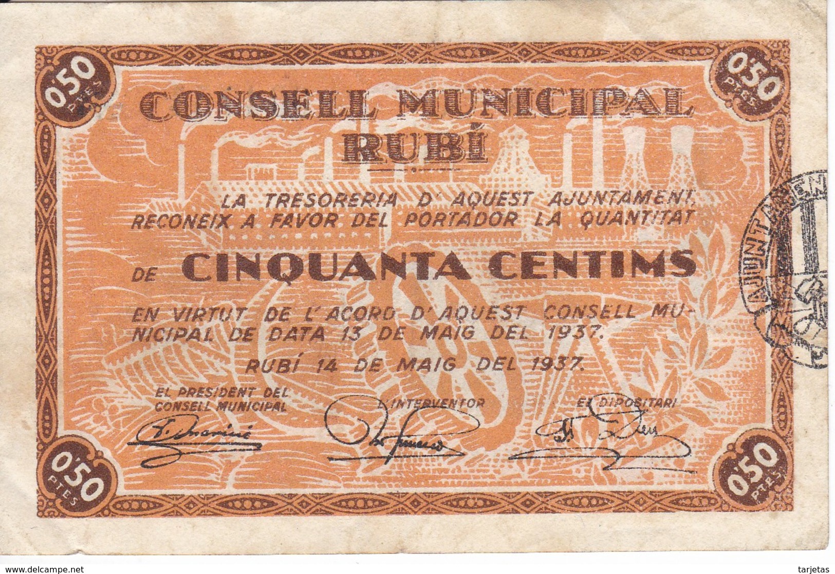 BILLETE DE 50 CENTIMOS DEL CONSELLO MUNICIPAL DE RUBI DEL AÑO 1937     (BANKNOTE) - Otros & Sin Clasificación