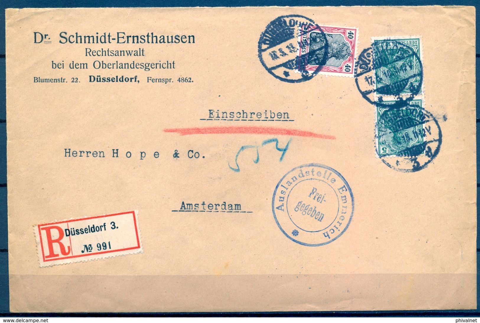 1915 , ALEMANIA , SOBRE COMERCIAL CERTIFICADO ENTRE DÜSSELDORF Y AMSTERDAM , IMPRESOS - Cartas & Documentos