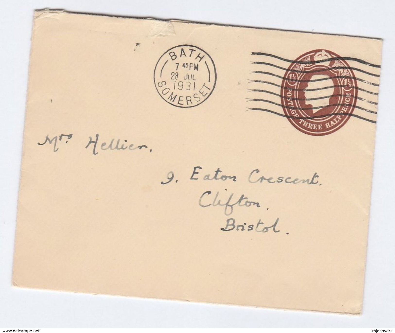 1931 GB GV Postal STATIONERY COVER BATH To Bristol, Stamps - Covers & Documents