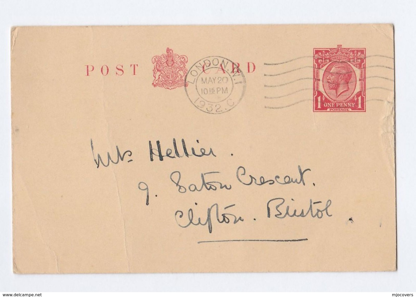 1932 GB Postal STATIONERY CARD London W1  To Bristol, Stamps Gv Cover - Stamped Stationery, Airletters & Aerogrammes