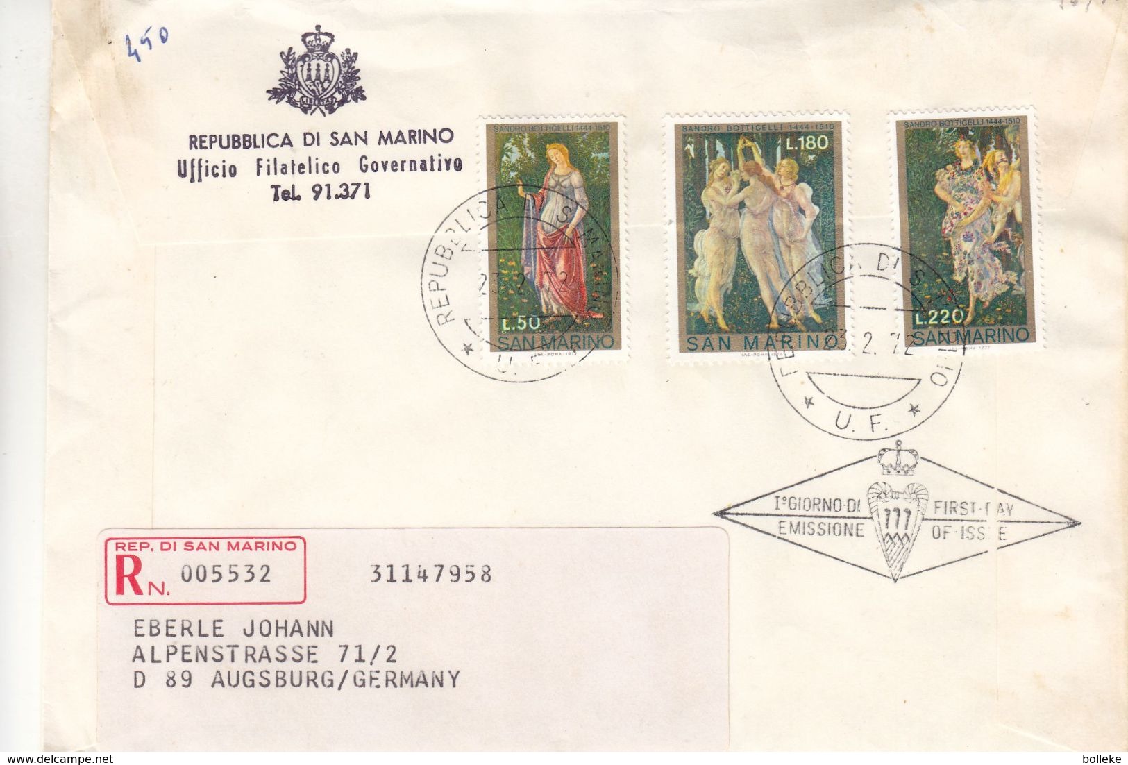 Saint Marin - Lettre Recom FDC De 1972 ° - Oblit Rép Di San Marino - Peinture - Botticelli - Lettres & Documents