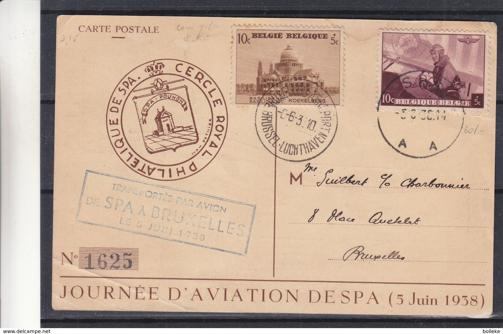 Belgique - Carte Postale De 1938 - Oblit Bruxelles Aéroport Et Spa - Vol Spécial De Spa à Bruxelles - - Covers & Documents