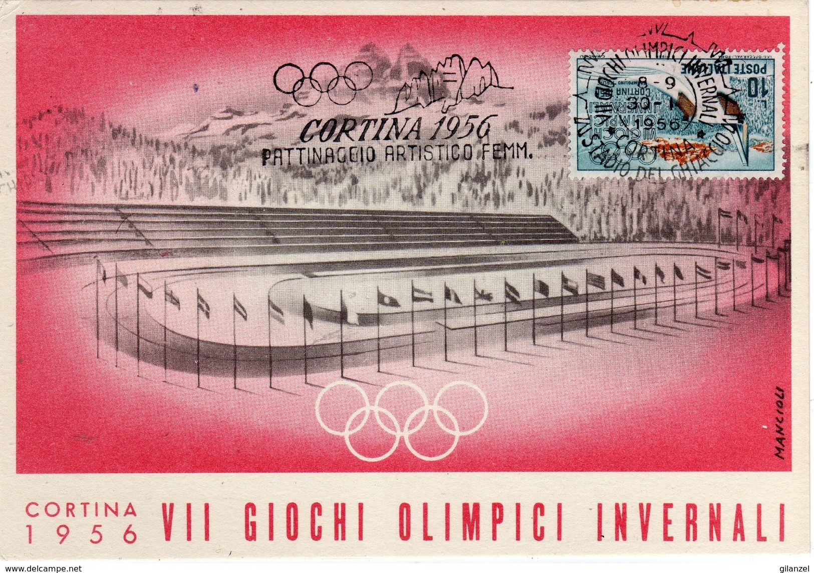 Italia 1956 VII Giochi Olimpici Invernali Cortina D'Ampezzo Pattinaggio Artistico Femminile Targhetta Cartolina - Winter 1956: Cortina D'Ampezzo
