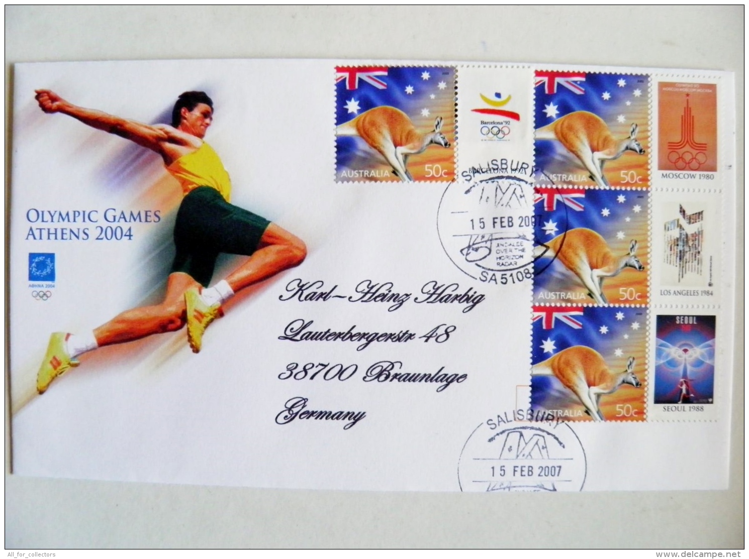 Cover Australia Olympic Games Athens 2004 Special Cancel Salisbury Animal Kangaroo Barcelona Moscow Los Angeles Seoul - Covers & Documents