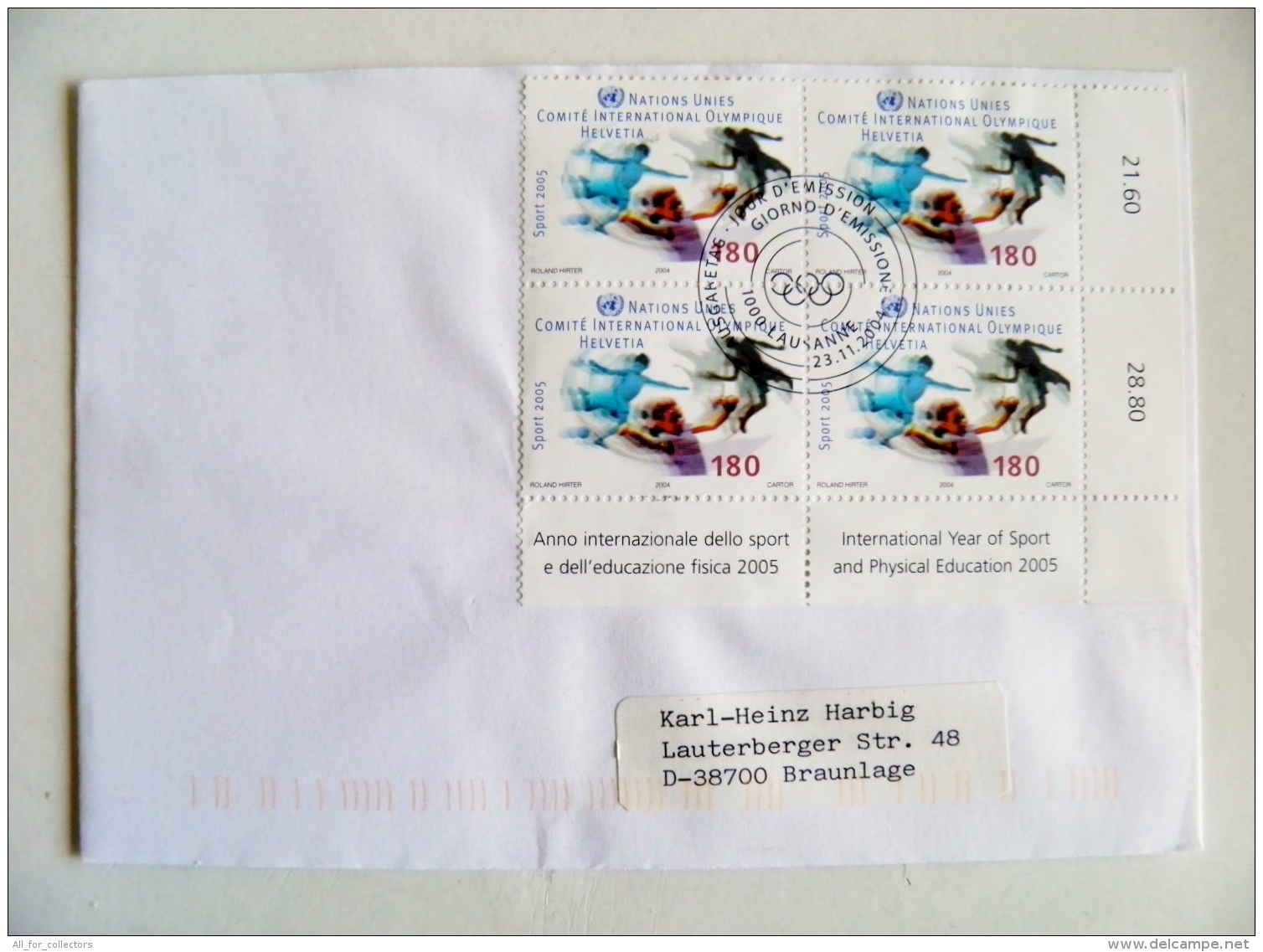 Cover UN Year Of Sports 2005 2004 Special Cancel Fdc Lausanne Football Helvetia Geneve Block Of 4 - Lettres & Documents