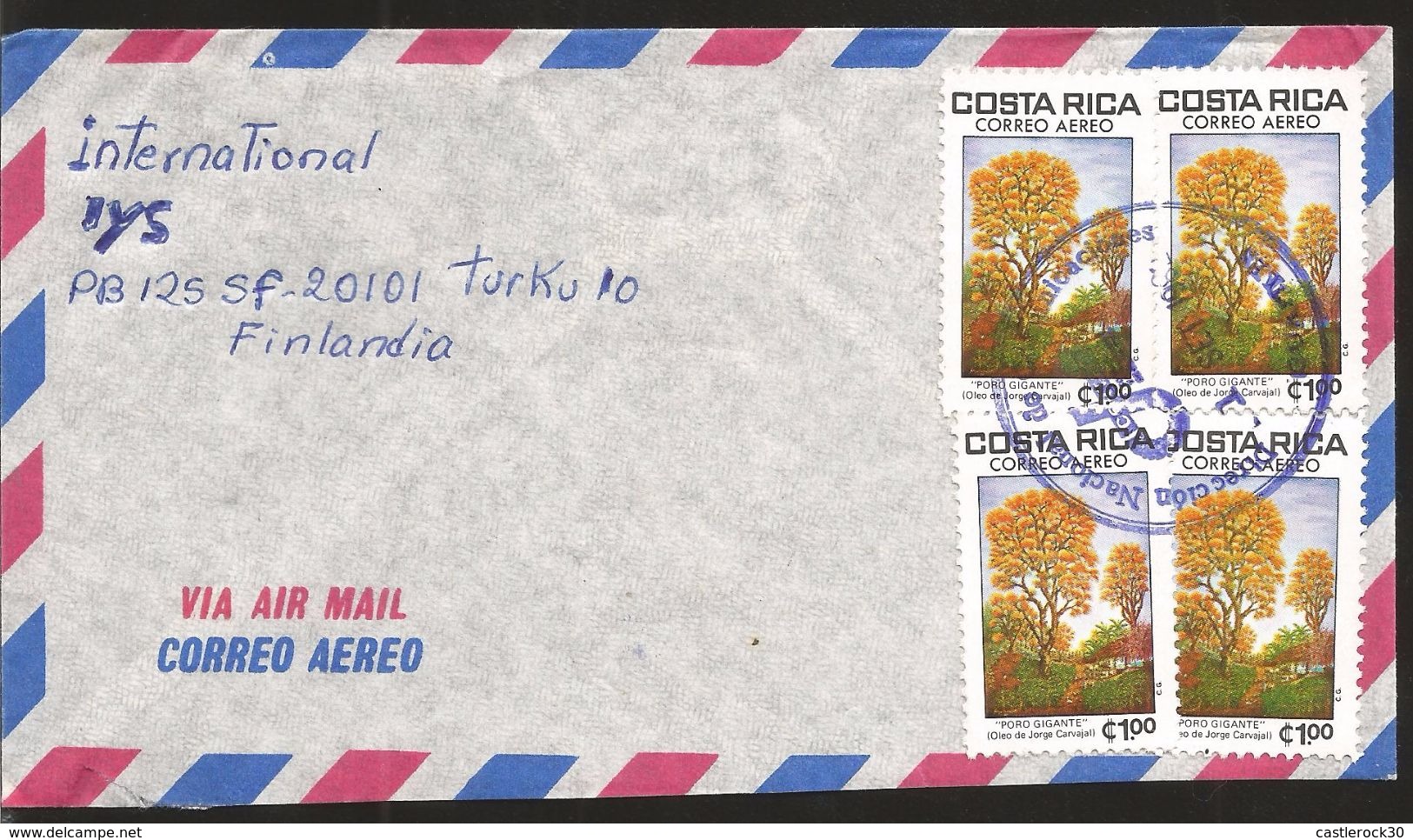A) 1982 COSTA RICA, OIL PAINTING, "GIANT PORO" OIL OF JORGE CARVAJAL, TREE, MULTIPLE STAMPS, AIRMAIL, CIRCULATED COVER F - Costa Rica