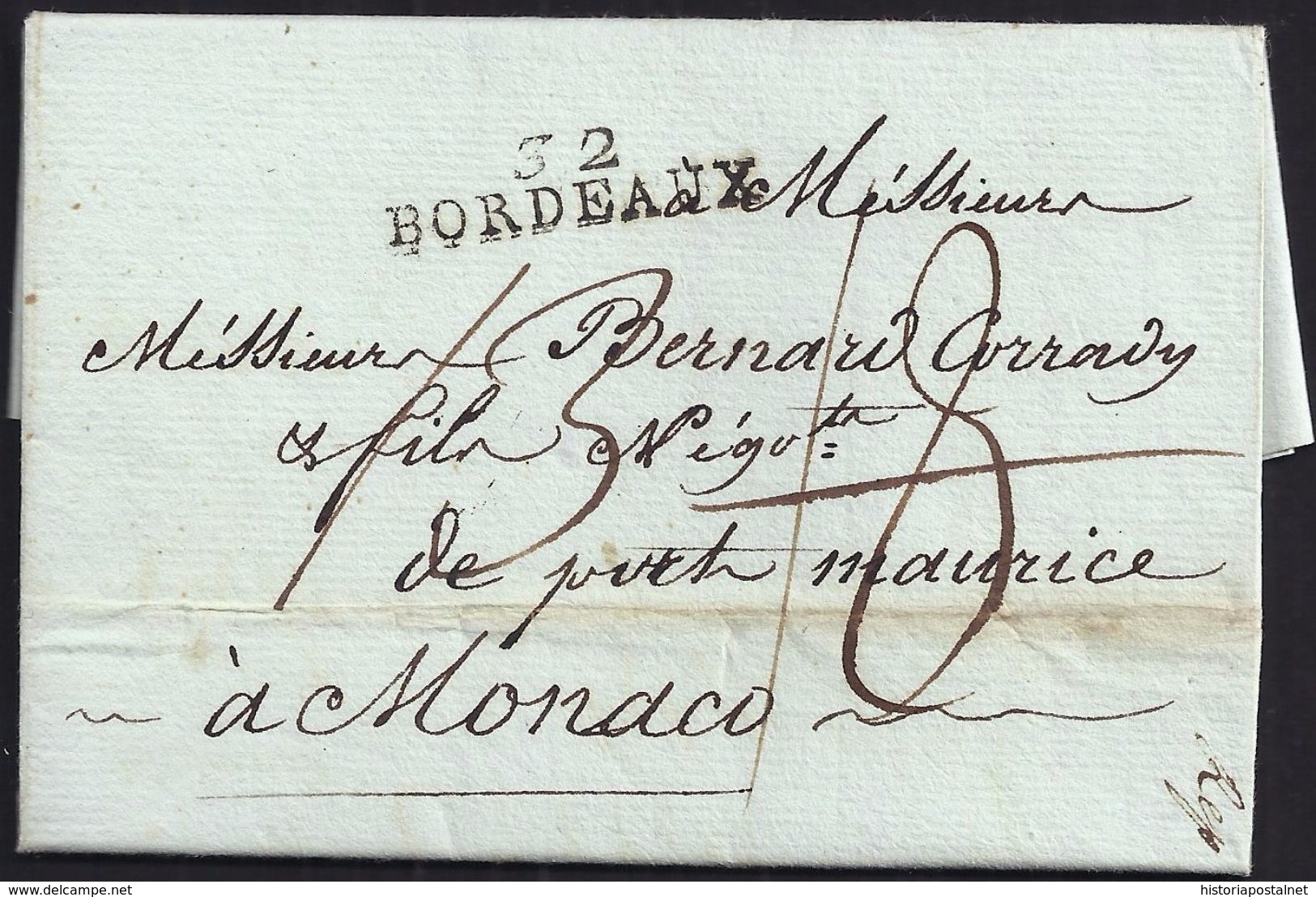 1792. BORDEAUX TO MONACO. PMK "32/BORDEAUX" IN BLACK. RATED "18" RECTIFIED TO "13". VERY FINE AND INTERESTING COVER. - Sonstige & Ohne Zuordnung