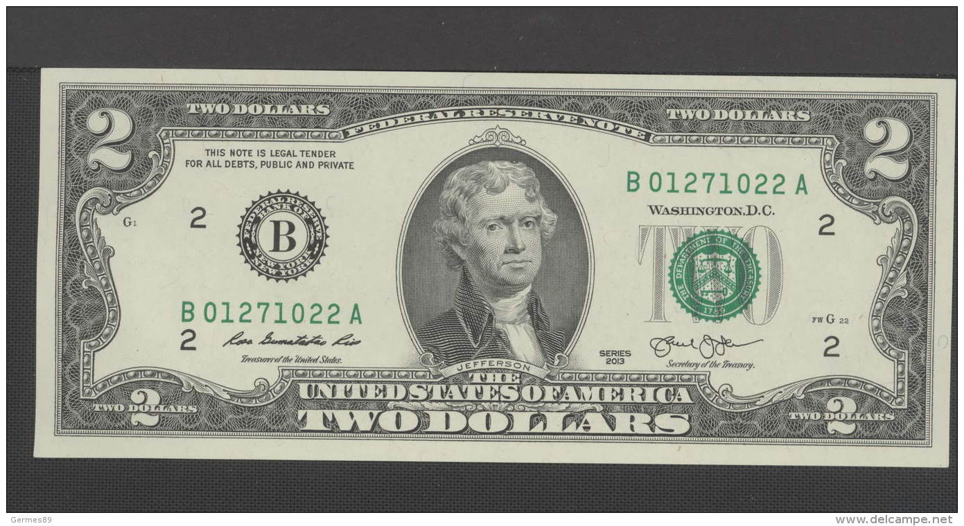 USA 2013 Federal Reserve Note, 2 $, Two Dollars, B = New York - UNC JEFFERSON - Unidentified