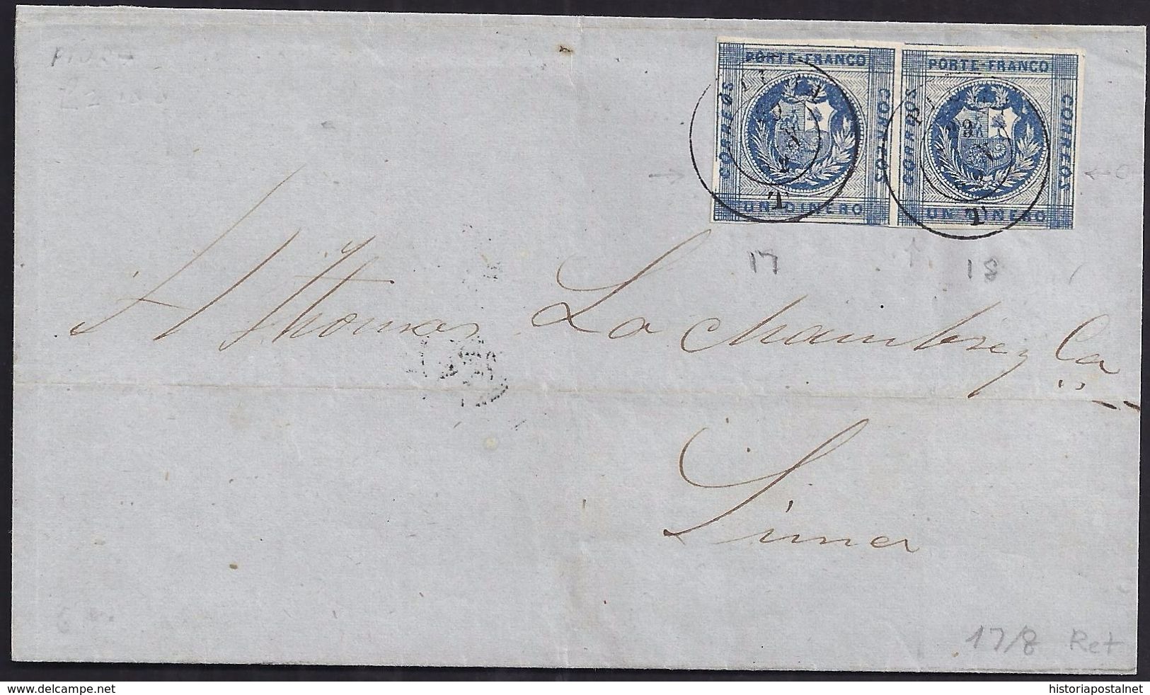 1862. PIURA TO LIMA. 1 DINERO BLUE, HORIZONTAL PAIR. CDS. VERY FINE. - Perú