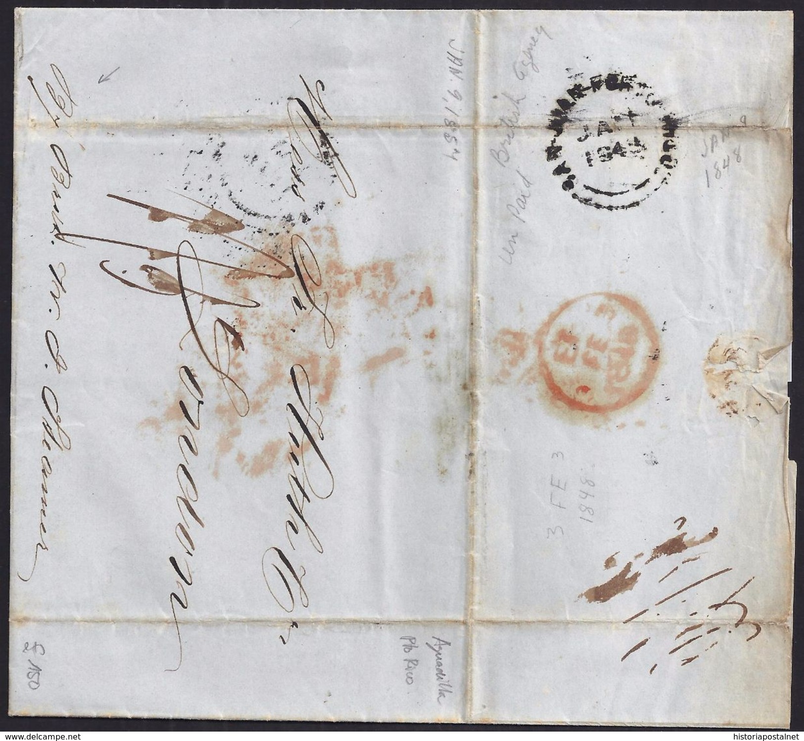 1848. PUERTO RICO. AGUDILLA TO LONDON BY "BRITISH STEAMER". ON REVERSE B.P.O Son Juan. INUSUAL RATED COVER. - Altri - America