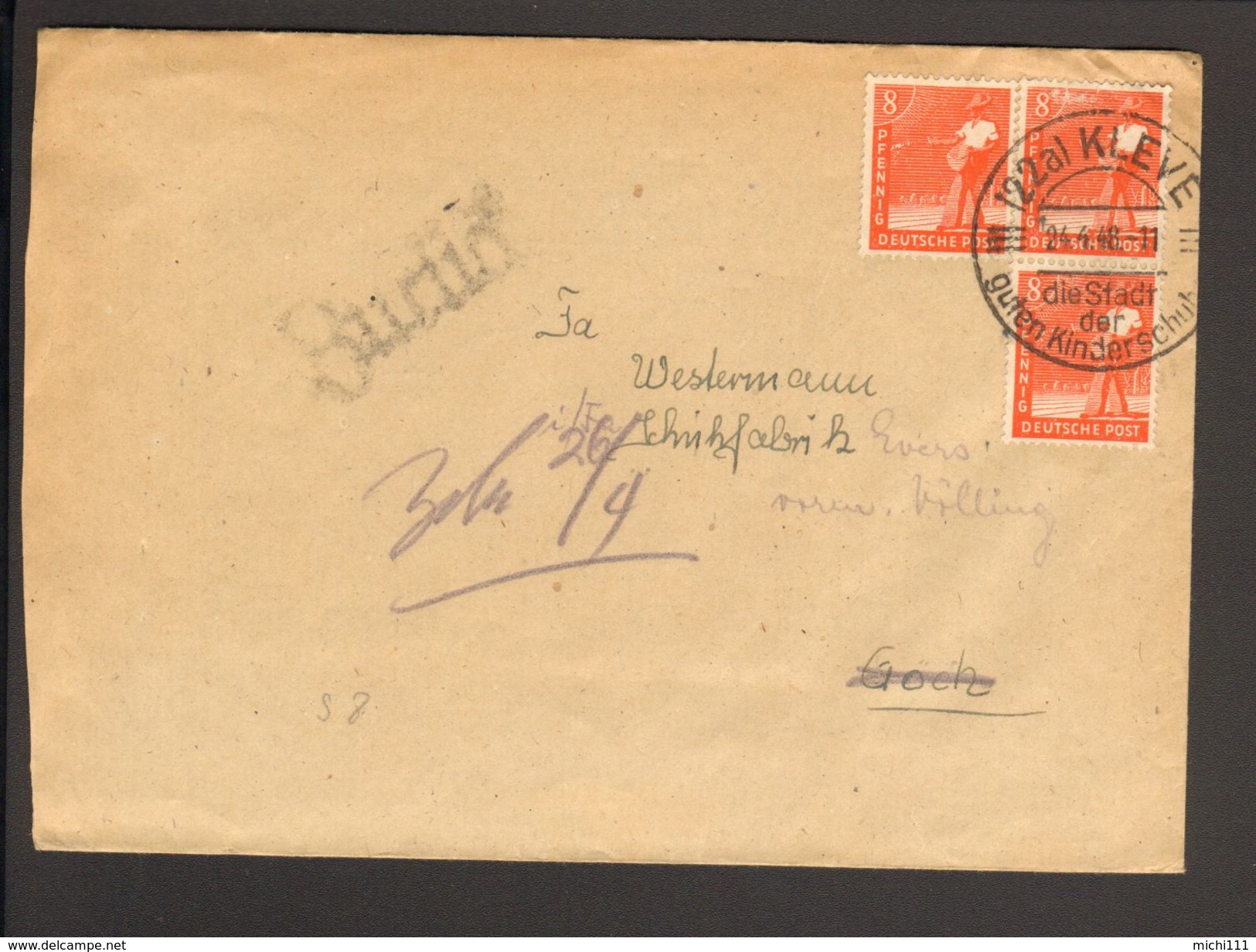 Alli.Bes.3 X 8 Pfg.Arbeiter Mit Sonderstempel Kleve 1948 A.Fernbrief, Brief Ging Zurück - Andere & Zonder Classificatie