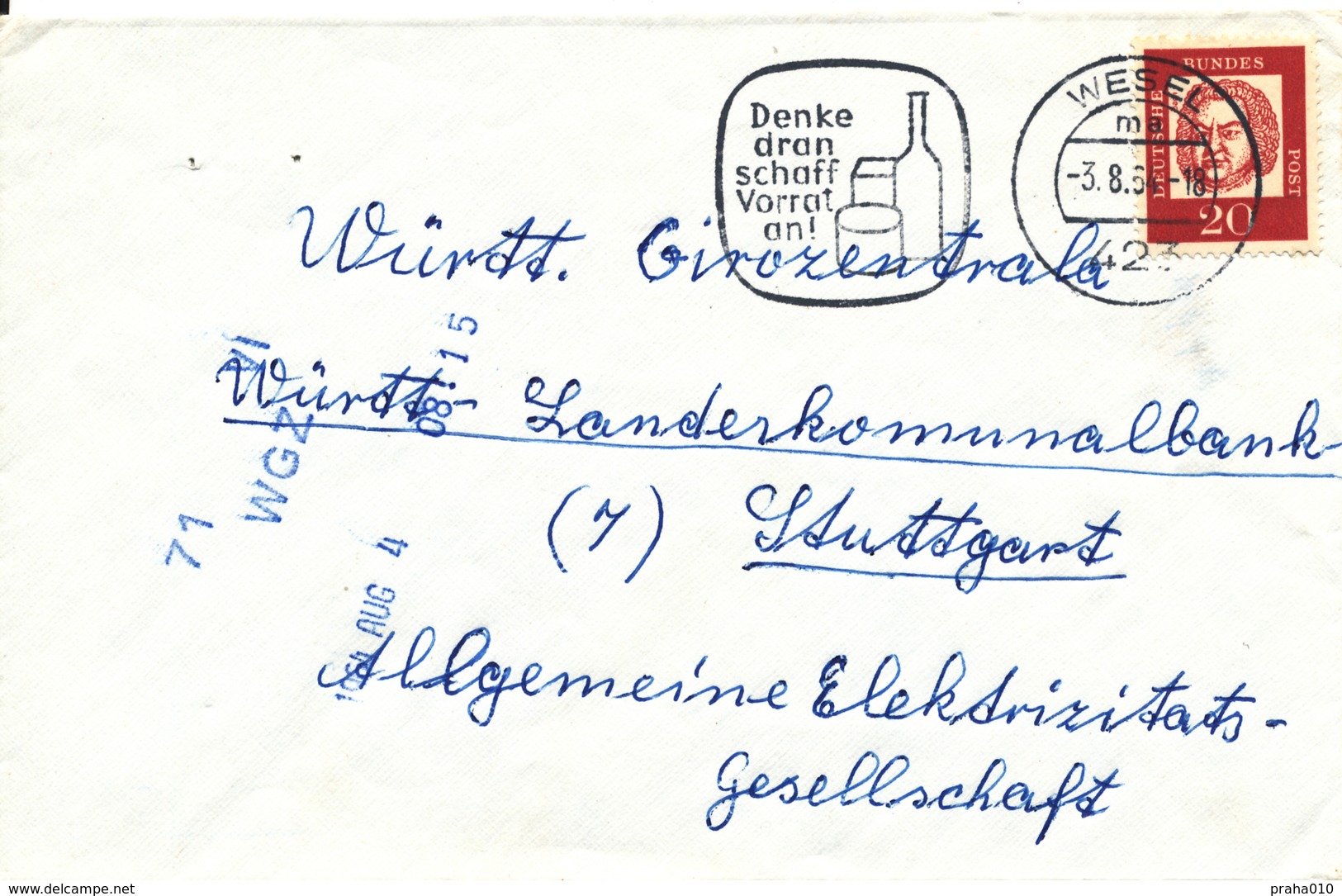L4475 - BRD (1964) 423 Wesel: Denke Dran Schaff Vorrat An! (food, Can, Glass Bottle); Letter; Tariff: 20 Pf. - Vetri & Vetrate
