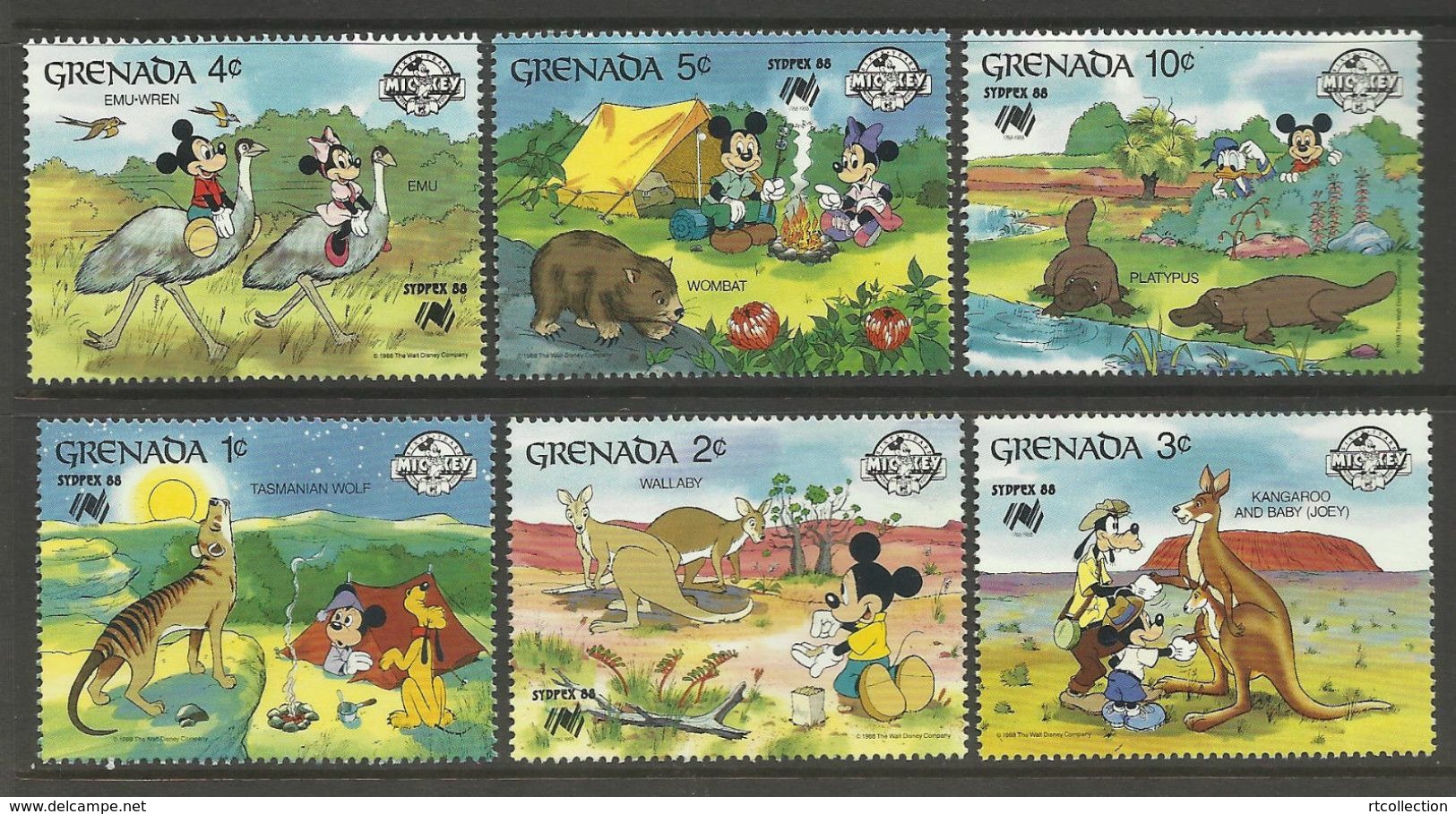 Grenada 1988 Sydpex Disney Mickey Cartoon Animation Animals Fauna Kangaroo Birds Ostriches Stamps (12) MNH SG 998-1005 - Other & Unclassified