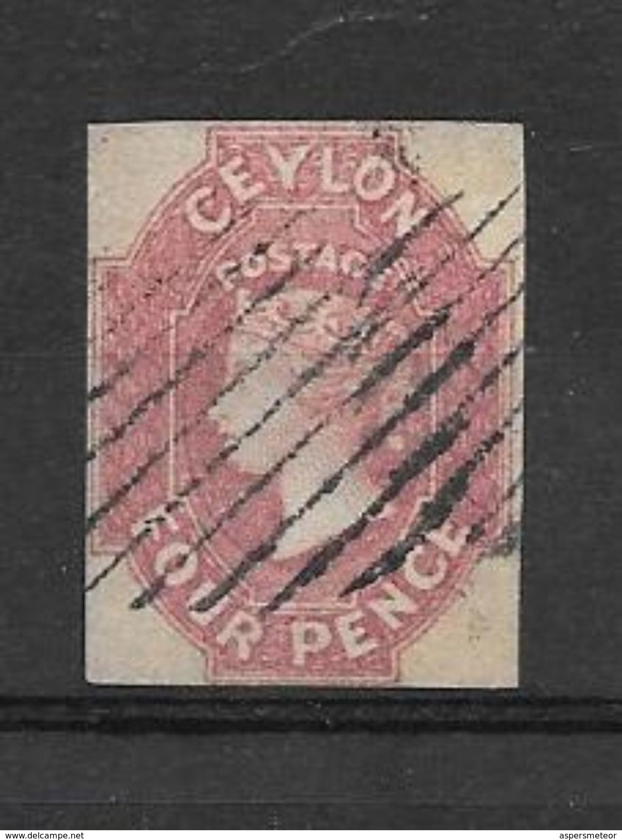 CEYLON YEAR 1859 4d DULL ROSE WATERMARK LARGE STAR IMPERFORATE(S.GIBBONS 4) YVERT TELLIER NR. 3 AVEC CERTIFICATION D'EXP - Ceylon (...-1947)