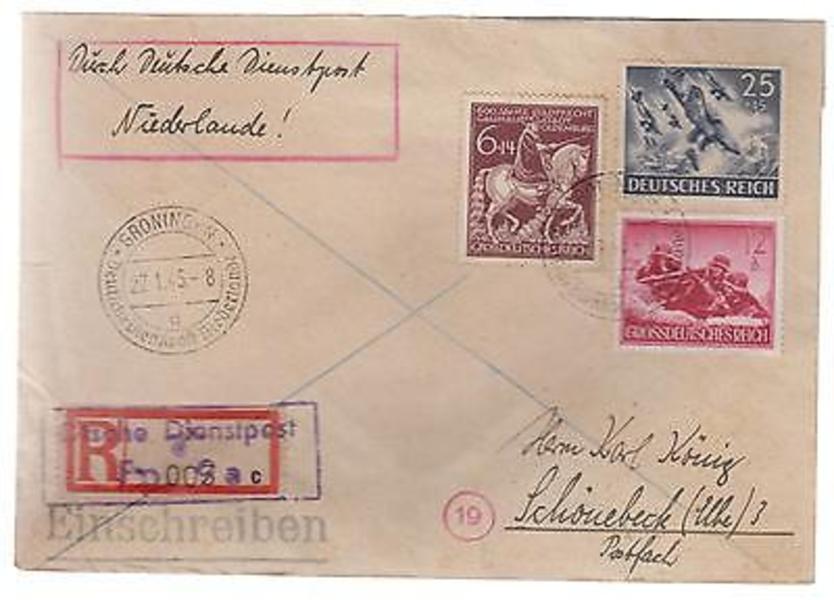 1945 Groningen Holland Registered Cover To Germany Dienstpost - Other & Unclassified