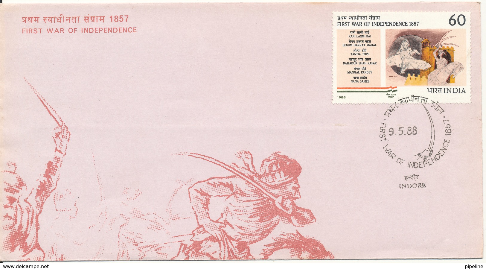 India FDC Indore 9-5-1988 First War Of Independence With Cachet - FDC