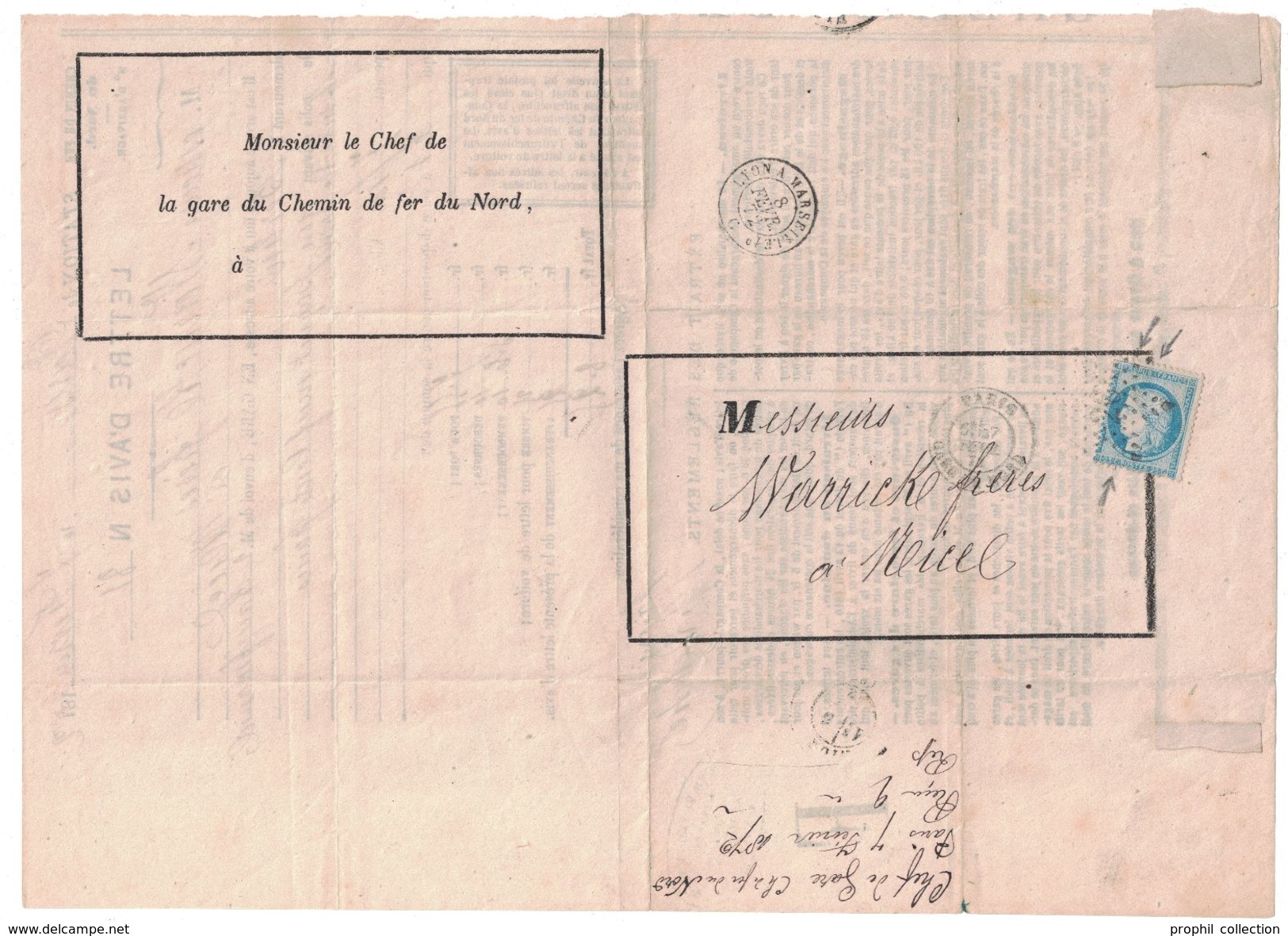 1872 - LETTRE D'AVIS De Mr LE CHEF De La GARE Du CHEMIN DE FER Du NORD (STATION PARIS) ARRIVÉE COLIS POSTAL CERES 60 - 1849-1876: Période Classique