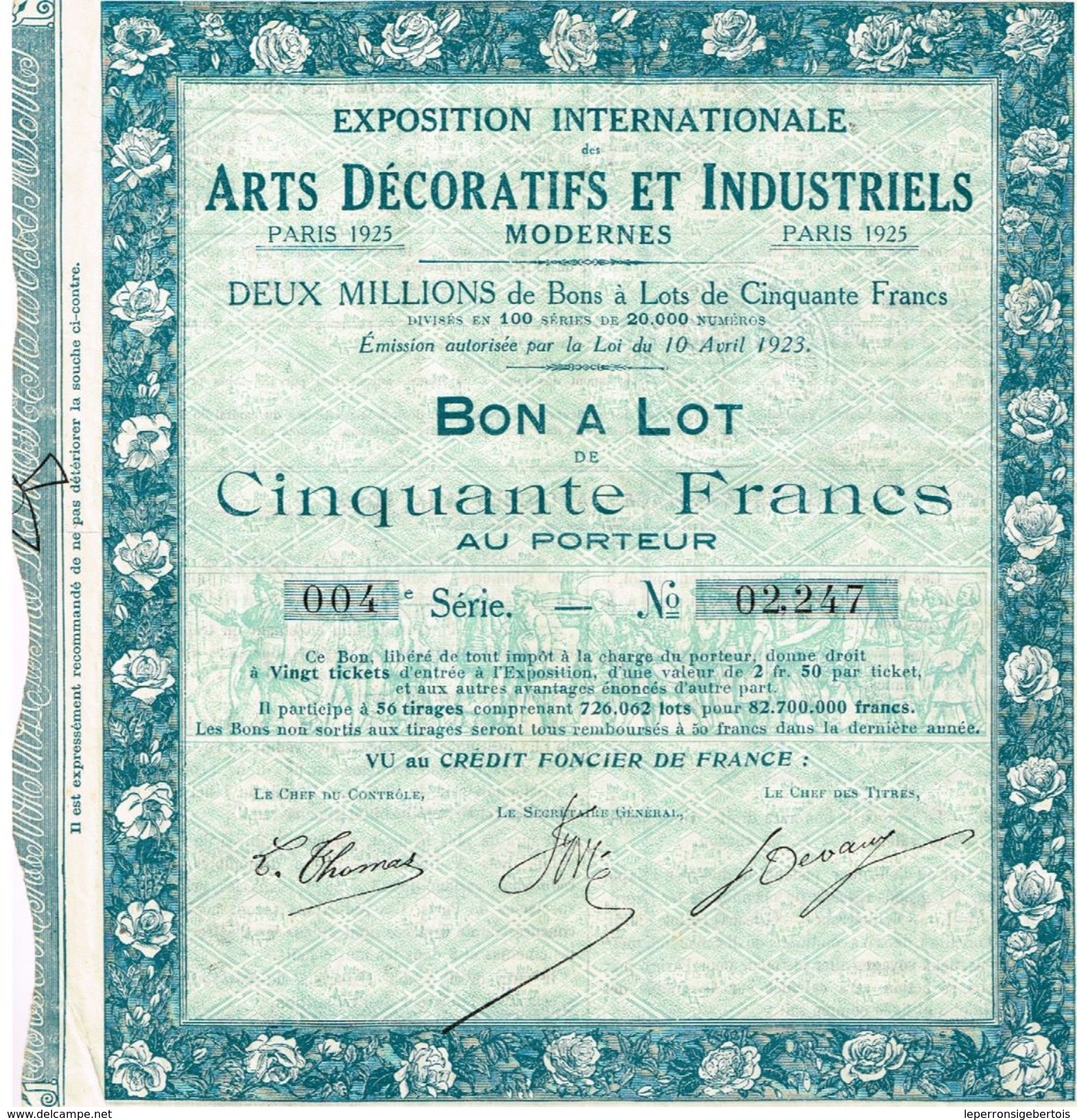 Bon A Lots De 50 Francs Exposition Internationale Des Arts Décoratifs Et Industriels Modernes De 1925 - Autres & Non Classés