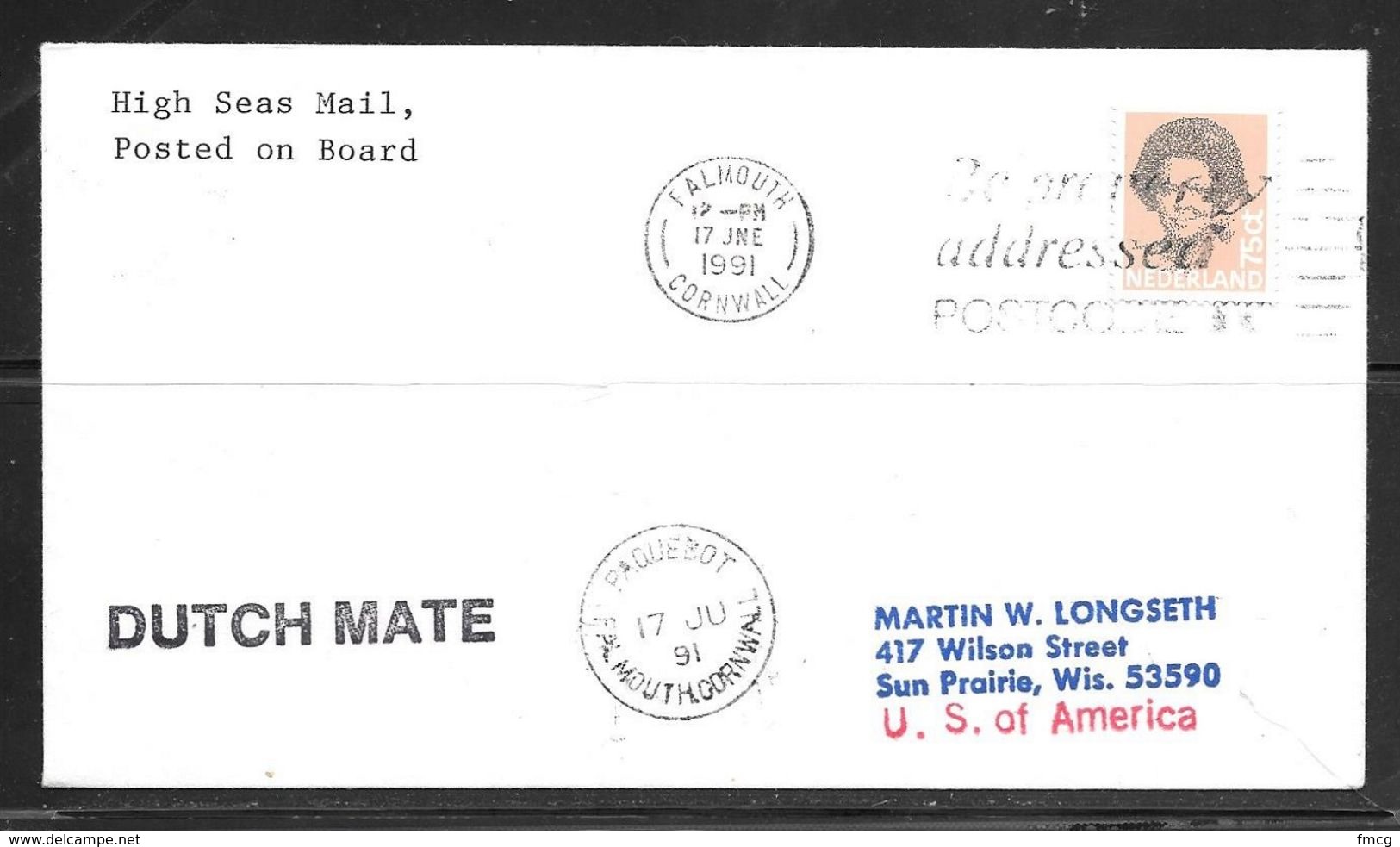 1991 Paquebot Cover, Netherlands Stamp Mailed In Falmouth, Cornwall, UK (17 Jne 1991) - Lettres & Documents