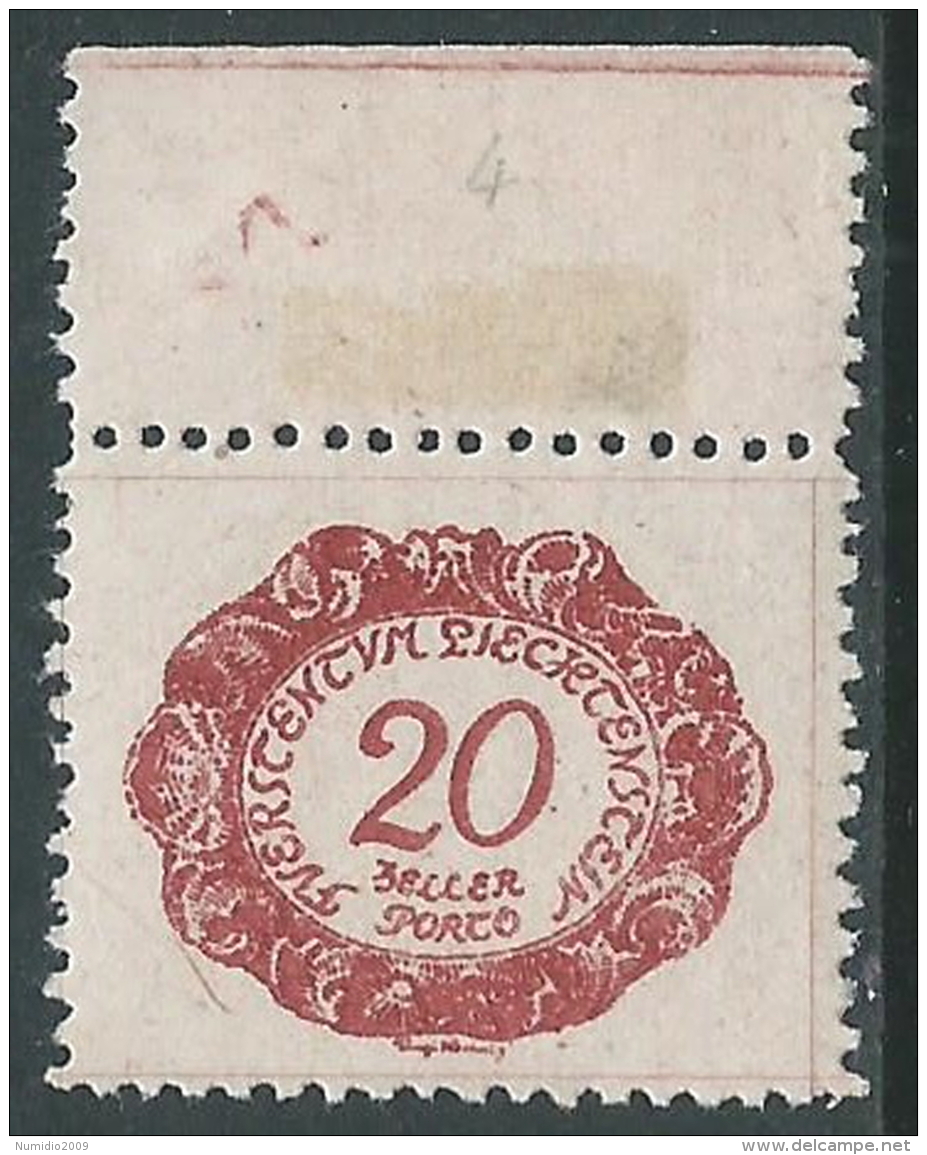 1920 LIECHTENSTEIN SEGNATASSE 20 H VARIETà LINEA ESTERNA IN BASSO MNH ** - R30-2 - Variétés