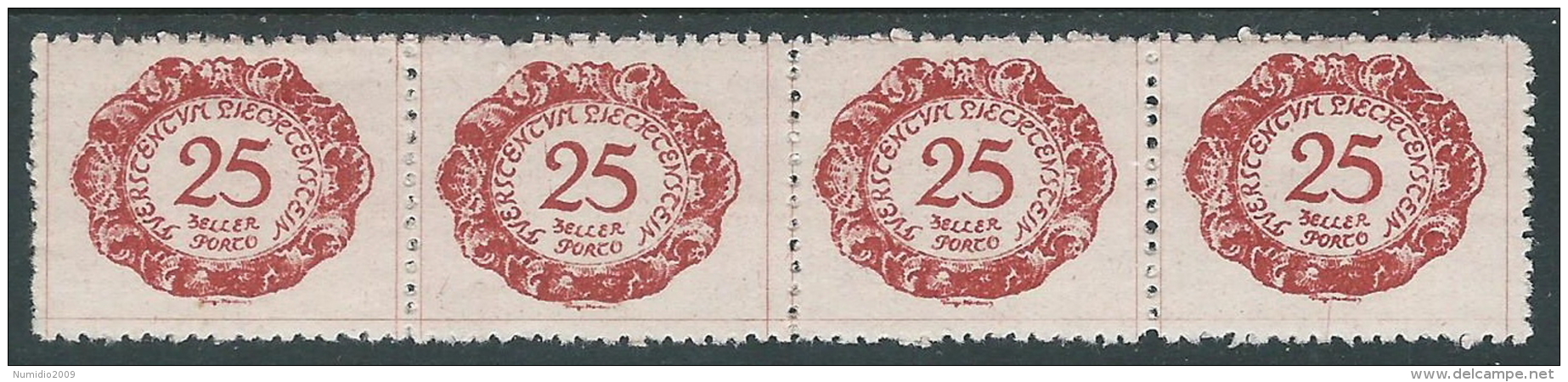 1920 LIECHTENSTEIN SEGNATASSE 25 H VARIETà DIVERSE SUI 4 FRANCOBOLLI MH * R28-8 - Errores & Curiosidades