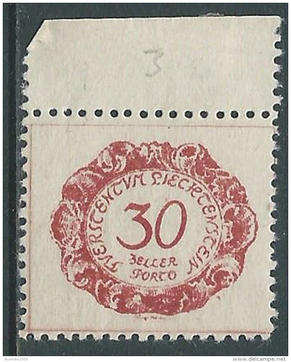 1920 LIECHTENSTEIN SEGNATASSE 30 H VARIETà PUNTO CORNICE A DESTRA MH * - R28-2 - Varietà