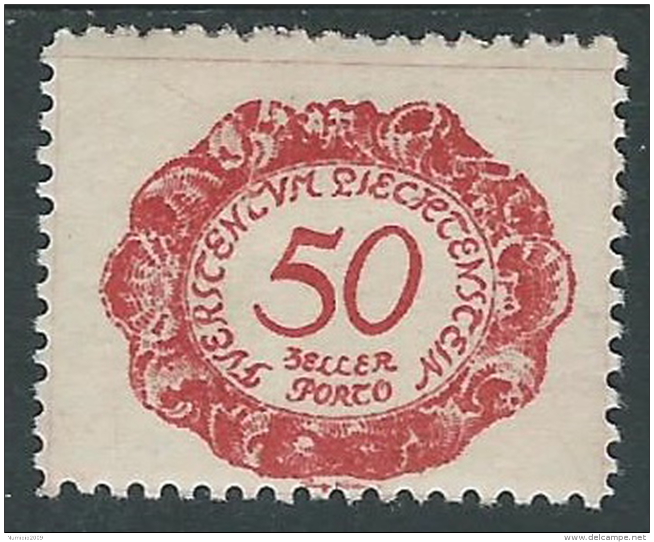 1920 LIECHTENSTEIN SEGNATASSE 50 H VARIETà CORNICE ROTTA A SINISTRA MH * - R30 - Varietà