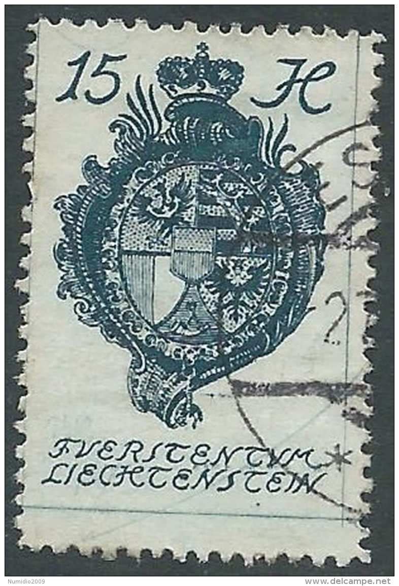 1920 LIECHTENSTEIN USATO CASTELLO VADUZ 15 H VARIETà LINEA BLU - R28-2 - Variétés