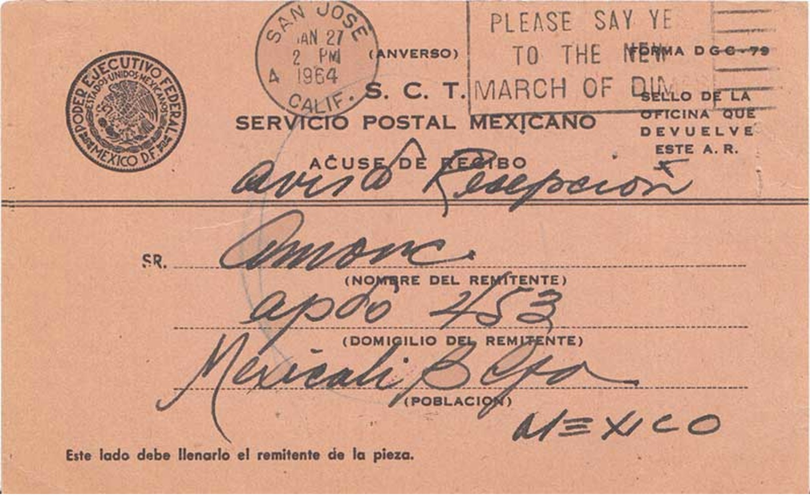 Official Free Mail 1964 San Jose, Calif. Return Receipt Card To Mexicali, B. CFA. Mexico. - Covers & Documents