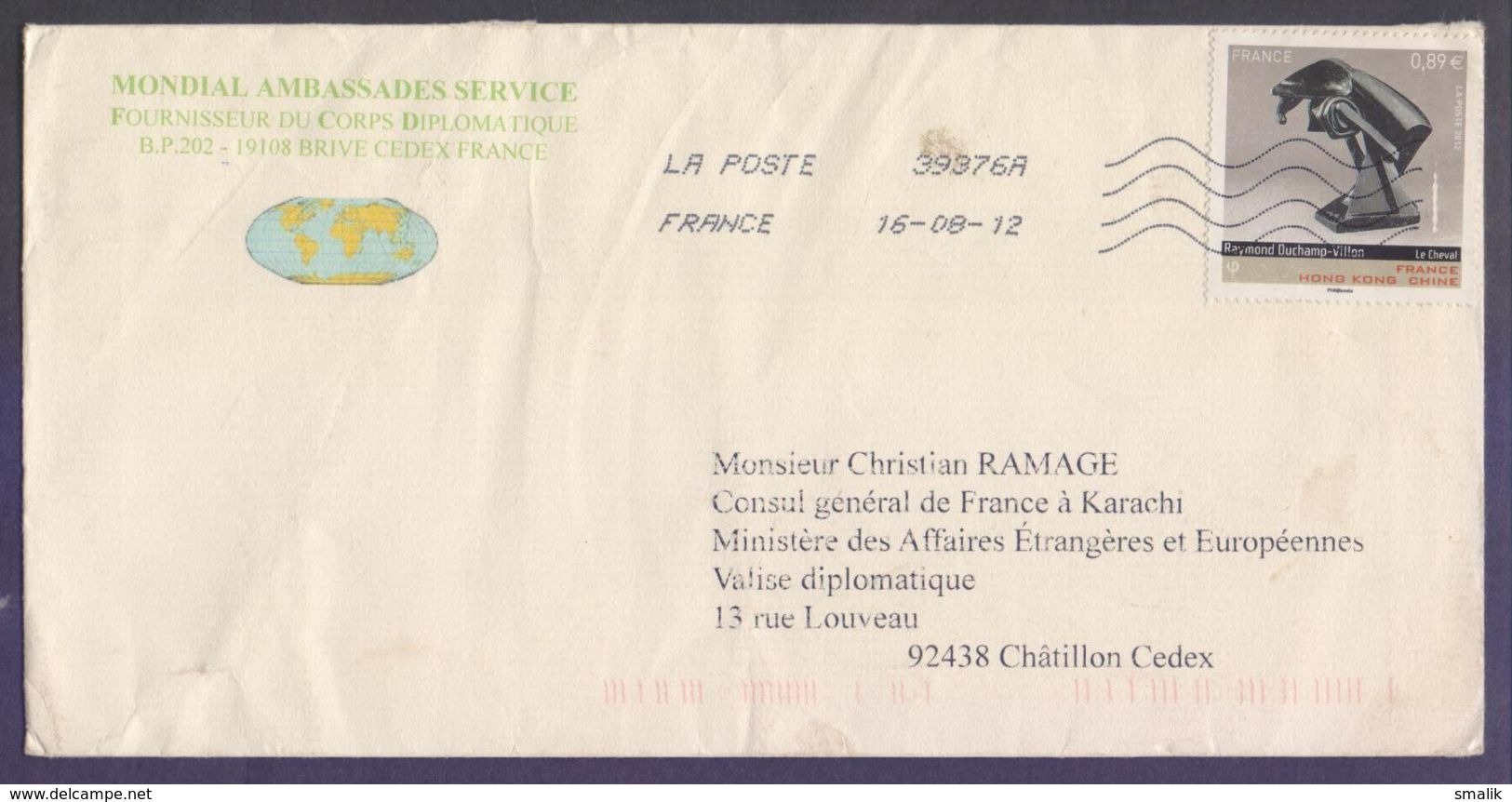 Diplometic Mail Cover From FRANCE To Consul General Of France At Karachi PAKISTAN. Used 2012, Raymond Duchamp Villon, - Covers & Documents