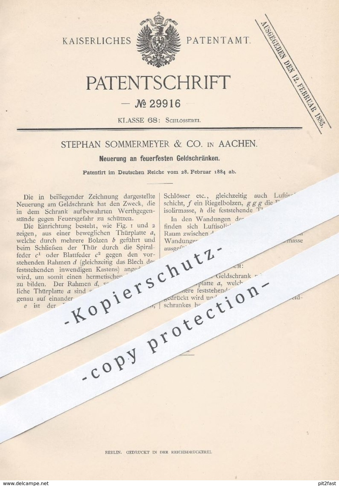 Original Patent - Stephan Sommermeyer & Co. , Aachen , 1884 , Feuerfester Geldschrank | Geld - Tresor , Safe !! - Historische Dokumente