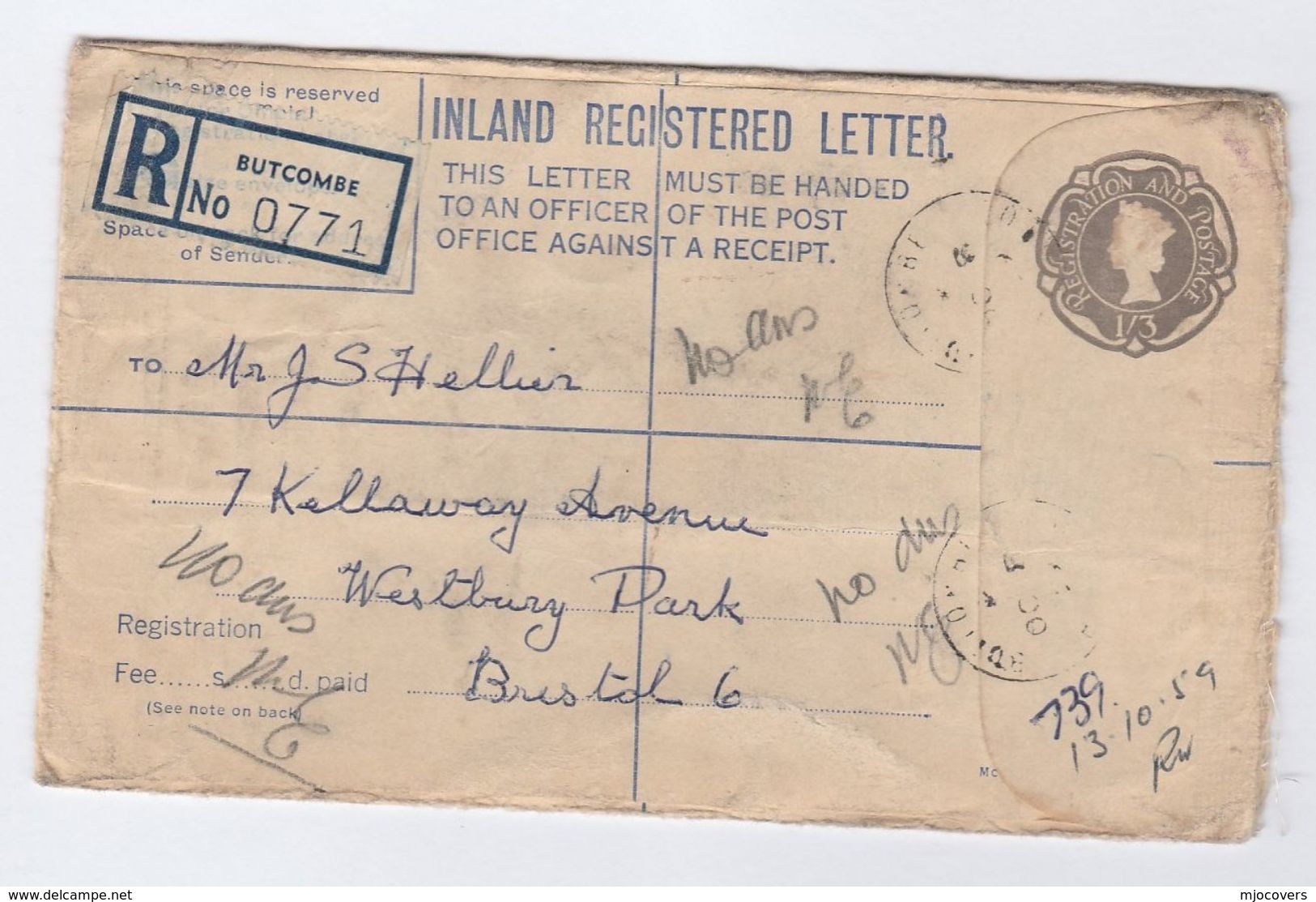 1959 BUTCOMBE Bristol REG 1/3 POSTAL STATIONERY With POST ANNOTATIONS Stamps Cds Gb Cover - Stamped Stationery, Airletters & Aerogrammes