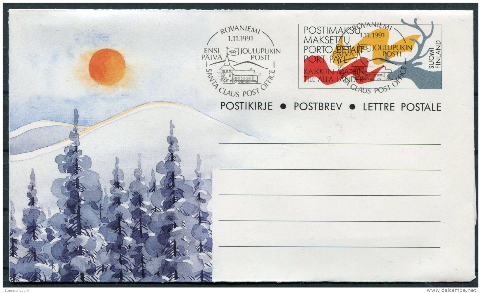 1991 Finland 4 X Christmas Stationery,Postbev. Santa Claus,Reindeer Rovaniemi - Ganzsachen