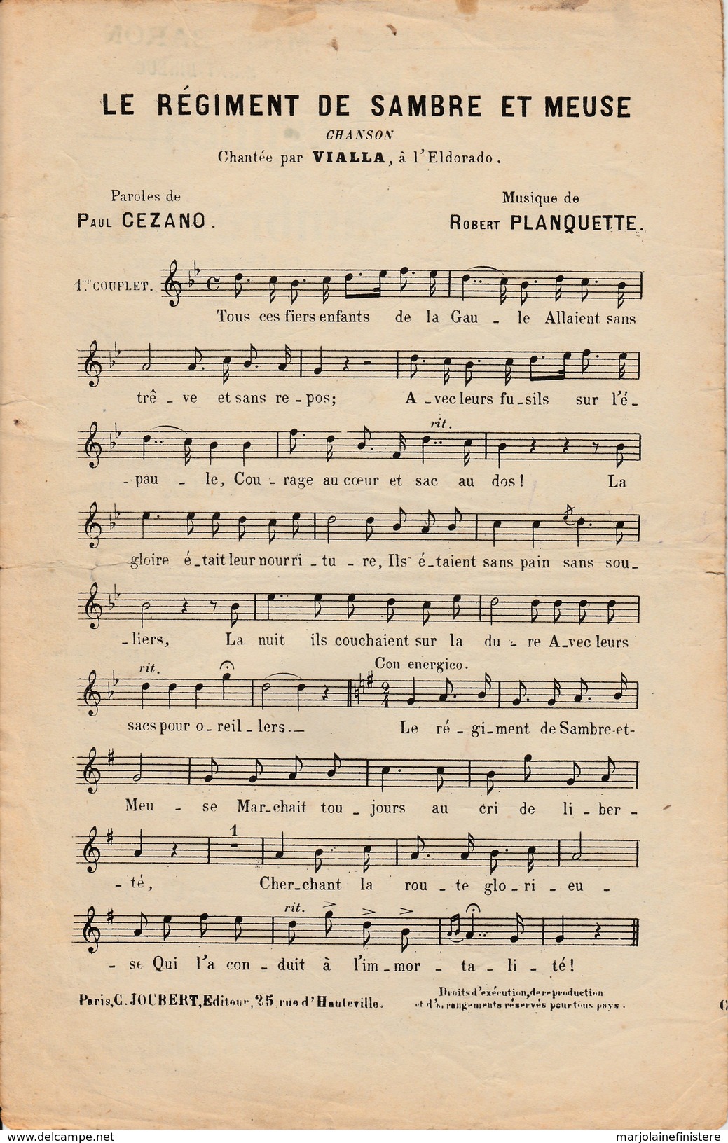 Partition Ancienne 1900 Art Nouveau Le Régiment De Sambre & Meuse.Célèbre Chanson Créée à BA-TA-CLAN Par Lucien Fugère. - Spartiti