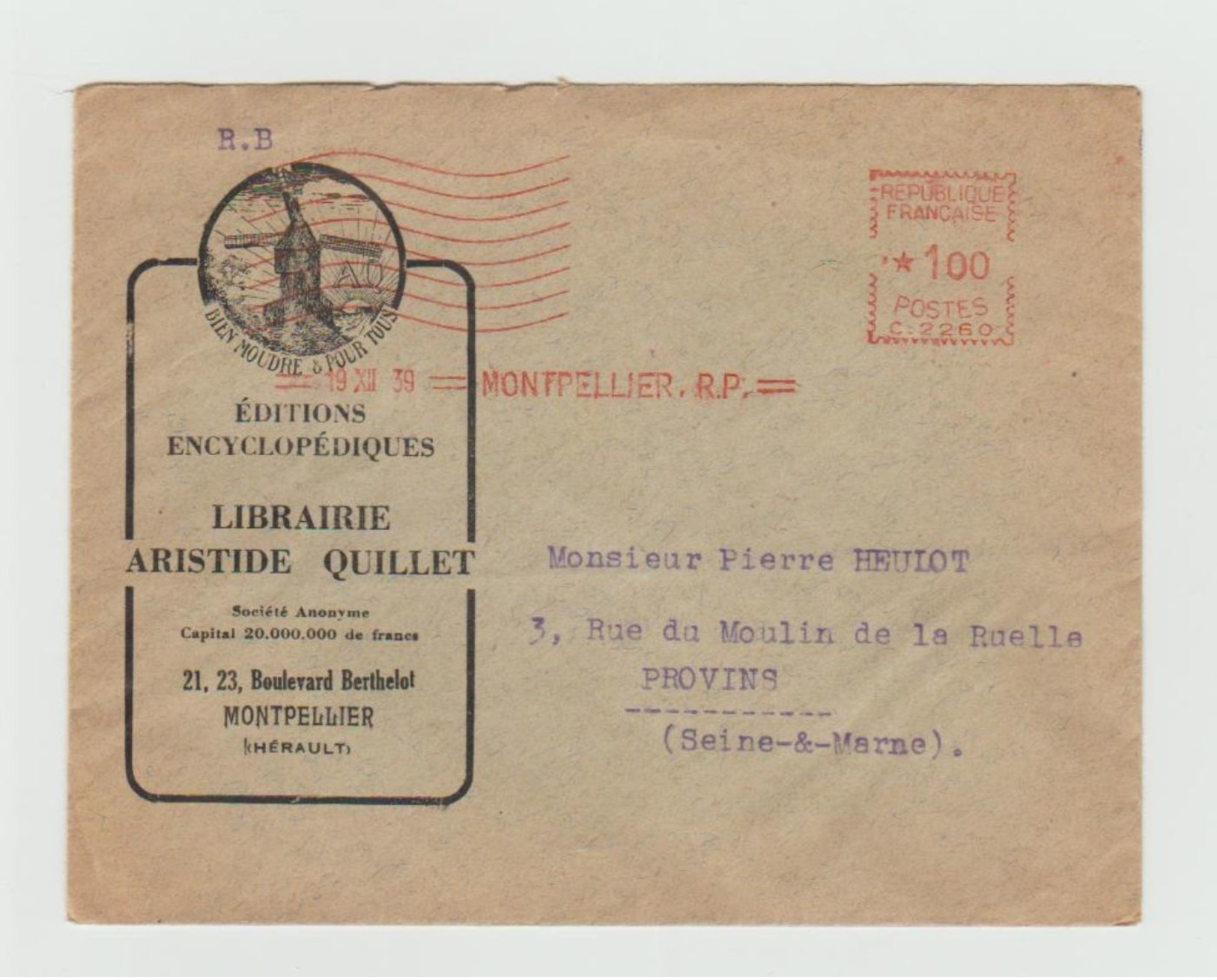 LSC 1939- Enveloppe Illustréé - MOULIN - Librairie ARISTIDE QUILLET - Olitération Mécanique - 1921-1960: Période Moderne