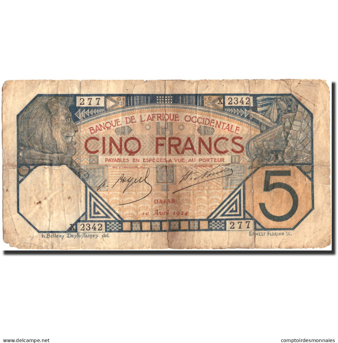 Billet, West African States, 5 Francs, 1924, 1924-04-10, KM:58b, B - Westafrikanischer Staaten