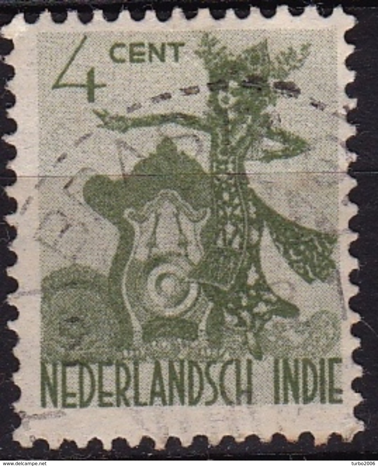 Ned. Indië: Langstempel BRASTAGI (153) Op1948 Inheemse Dansers 4 Cent Groen NVPH 335 - Indes Néerlandaises