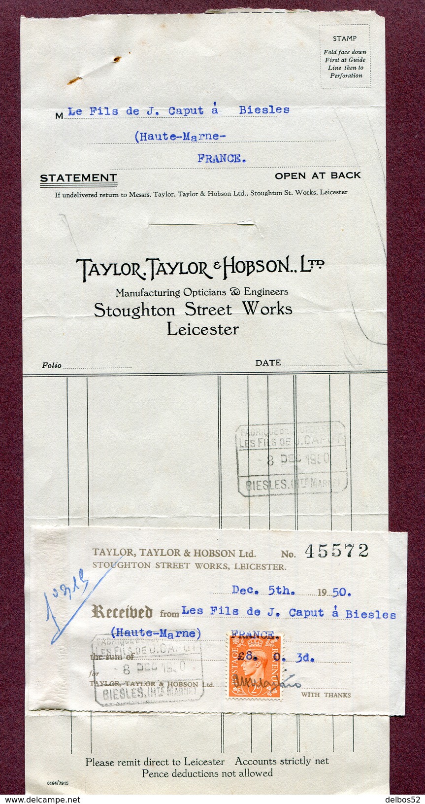 TIMBRE FISCAL Sur DOCUMENT COMMERCIAL : " LEICESTER "  1950 - Revenue Stamps