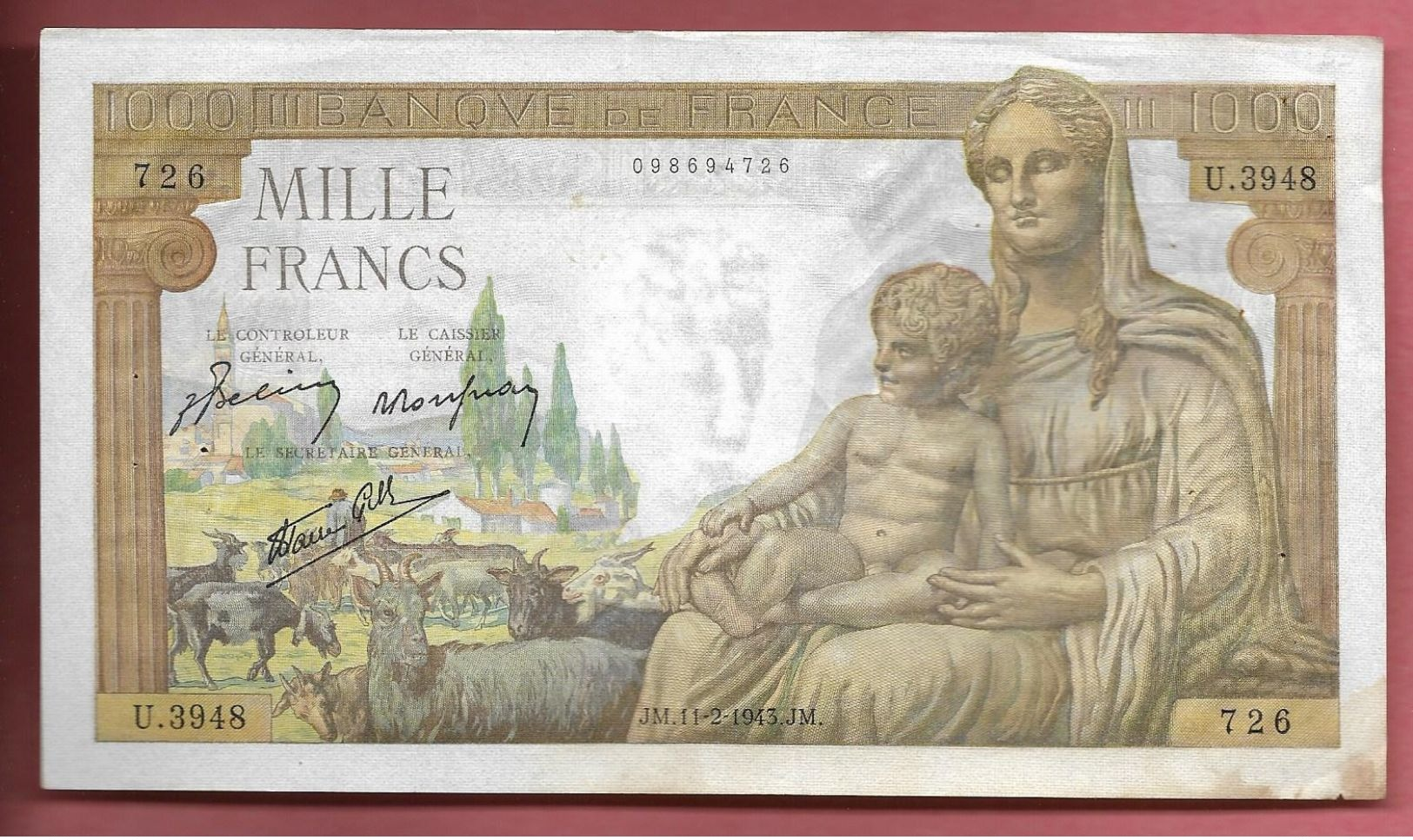 Billet De 1000 Francs  Déesse Démète U.3948  726  - J.M. 11-2-1943 J.M. - 1 000 F 1942-1943 ''Déesse Déméter''